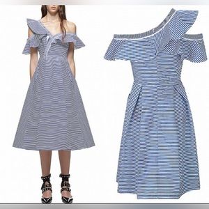 Self Portrait asymmetrical neckline midi length flare dress; size 6